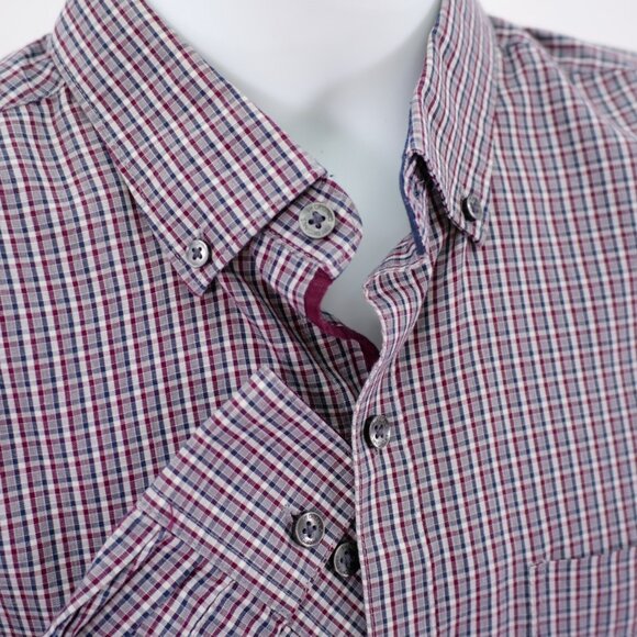 Van Heusen Slim‎ Fit Red Blue Gray Plaid Pocket Button Down Flip Cuff Large Long - Picture 2 of 13